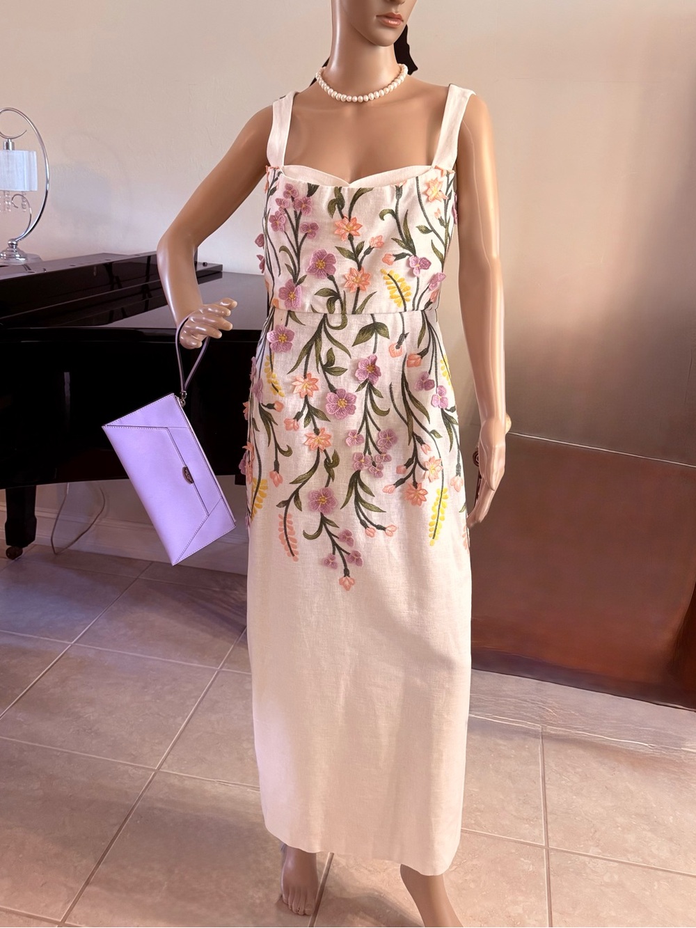 ANTONIO MELANI White Midi Dress with Pink and Yellow Floral Embroidery